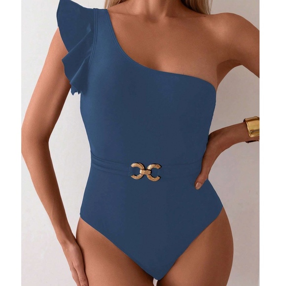 Boho Dusty Blue One Shoulder Ruffle Sleeve Belted Monokini One Piece Swimsuit - Picture 1 of 11